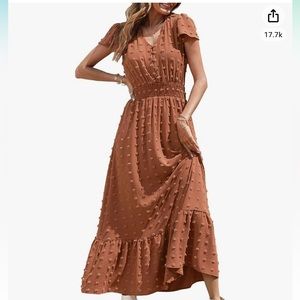 PRETTYGARDEN XL Boho Dress Short Sleeve V Neck Swiss Dot Maxi Dress